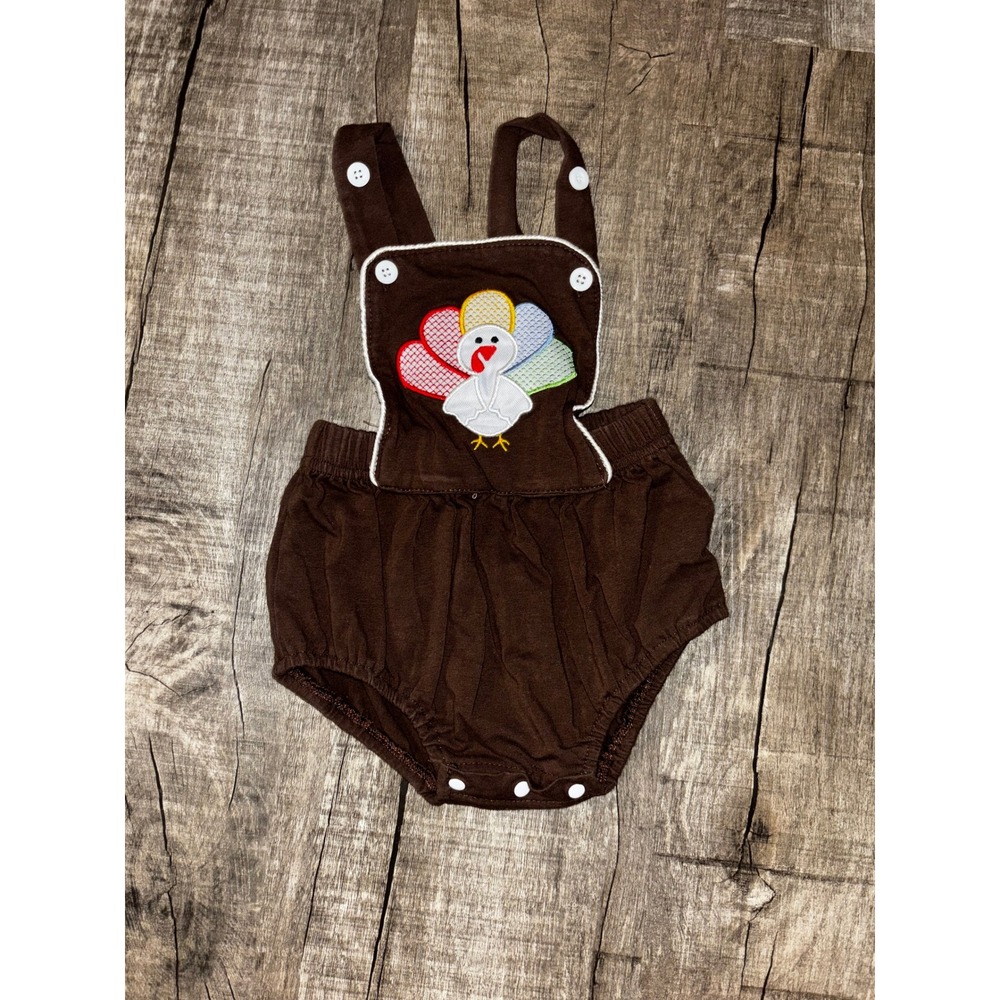 Baby‎ Brown Turkey Thanksgiving Applique Bubble Romper 6-12M Holiday One Piece